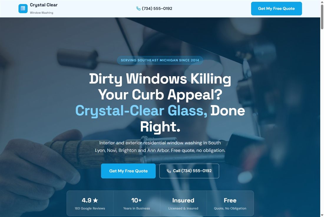Sample window washing landing page design