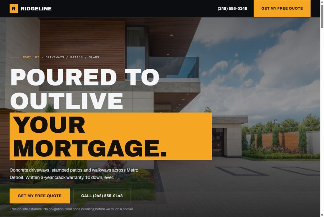 Sample concrete and hardscape landing page design